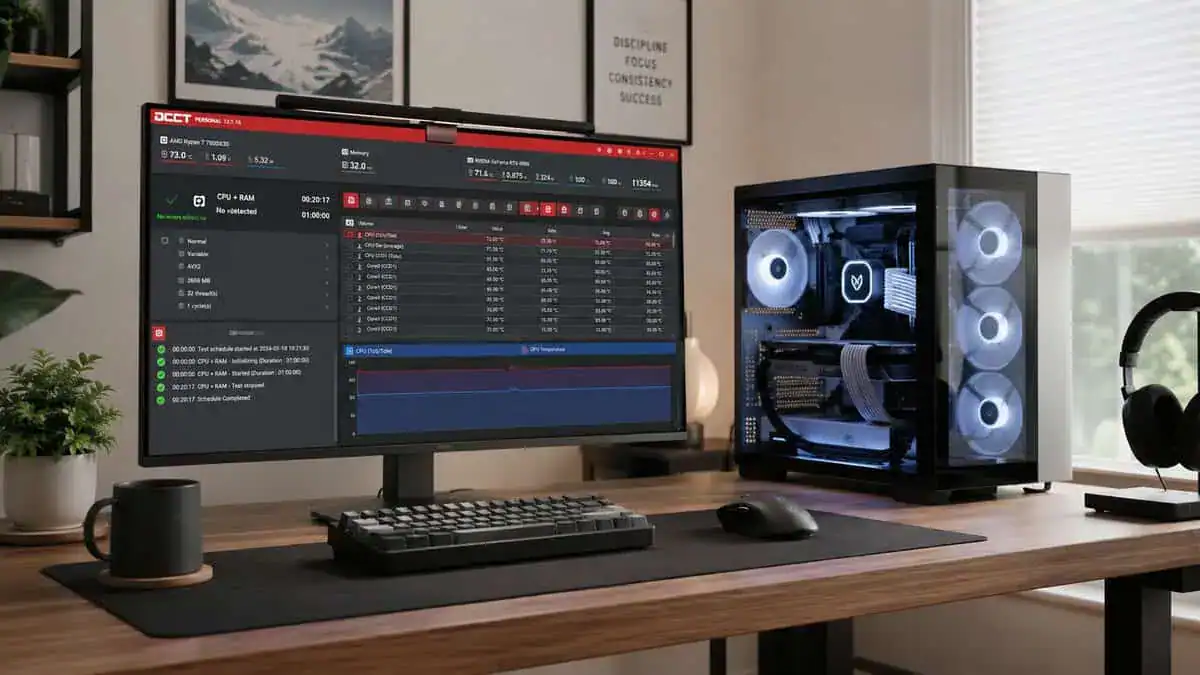 A monitor running an OCCT stress test beside a white-fan gaming PC, the verification step in how to overclock your CPU safely