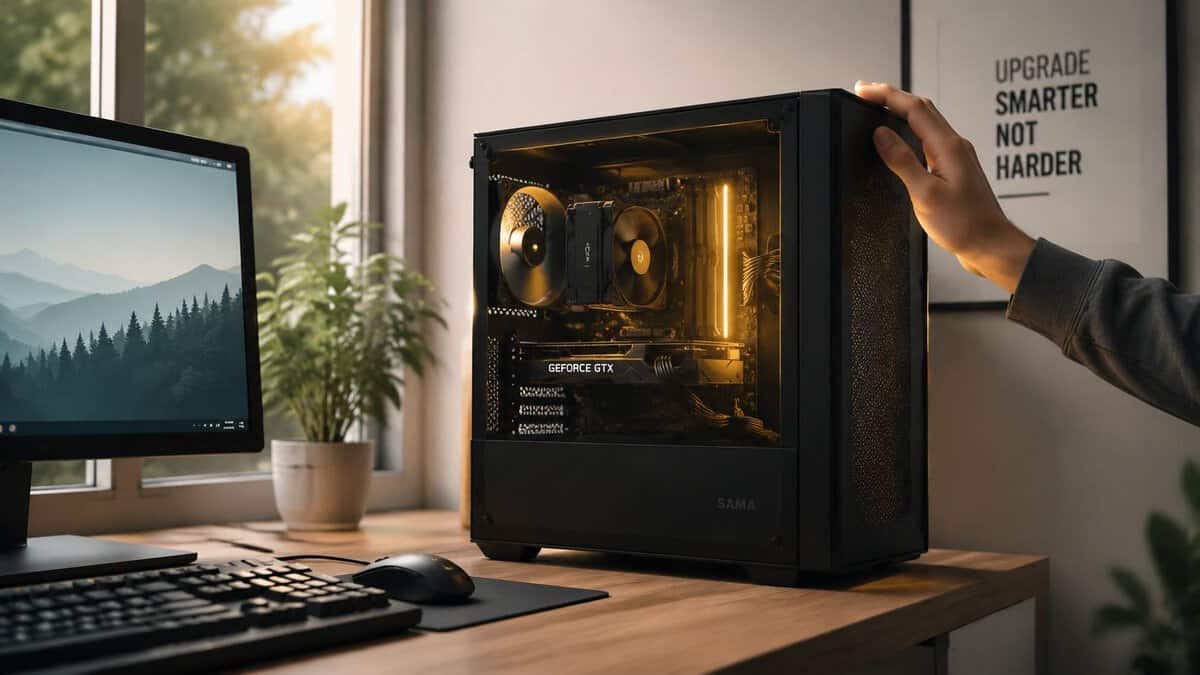 A budget gaming PC tower on a desk beside an upgrade-smarter-not-harder poster, the kind of build where learning how to overclock your CPU pays off