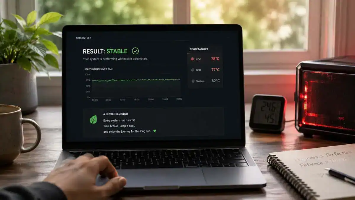 A laptop showing a stable stress-test result with CPU temperatures, confirming how to overclock your CPU without overheating