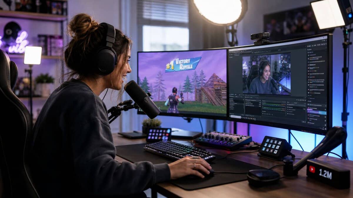 Streamer playing Fortnite on a curved monitor while broadcasting live, the multitasking load that drives the Intel i5 vs i7 choice