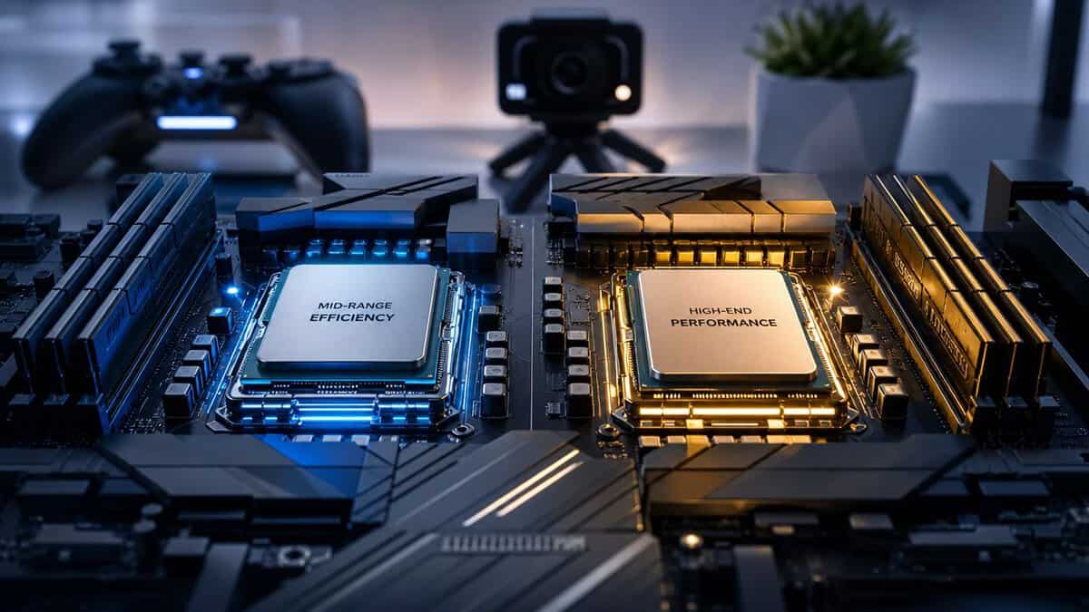 Two Intel desktop CPUs on a motherboard labeled mid-range efficiency and high-end performance, illustrating the Intel i5 vs i7 choice for a gaming build