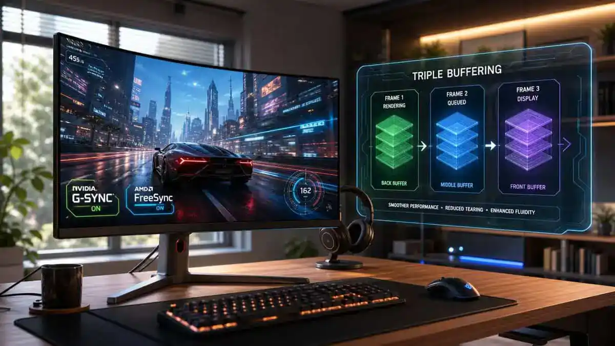 Gaming monitor displaying a racing game with Triple Buffering, G-SYNC, and FreeSync labels on a desk, comparing the frame-sync options behind what is VSync