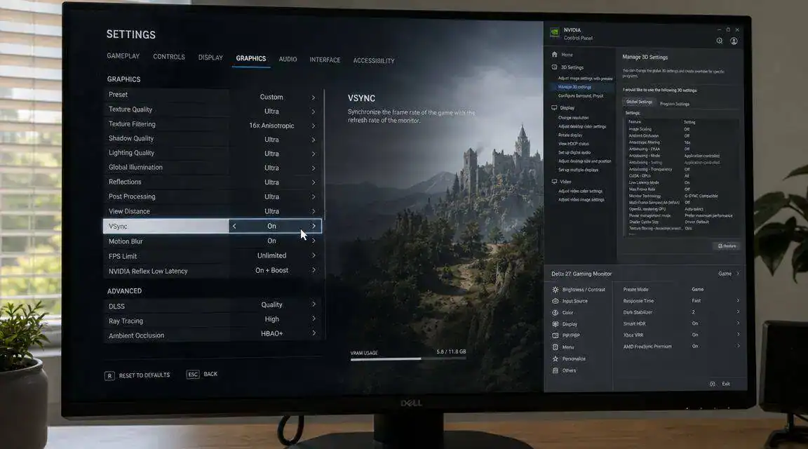 Computer monitor showing a game graphics settings menu with the VSync option highlighted, where you toggle what is VSync on your PC