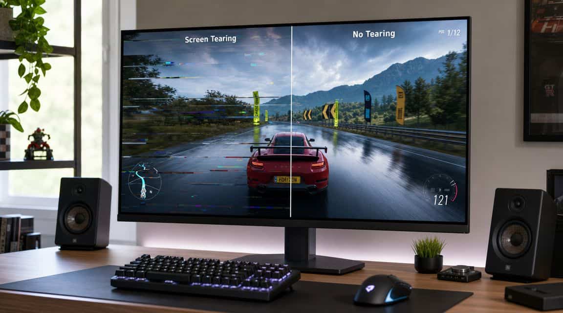 Gaming monitor split-screen comparison showing Screen Tearing on the left and No Tearing on the right in a racing game, illustrating what is VSync and the problem it solves
