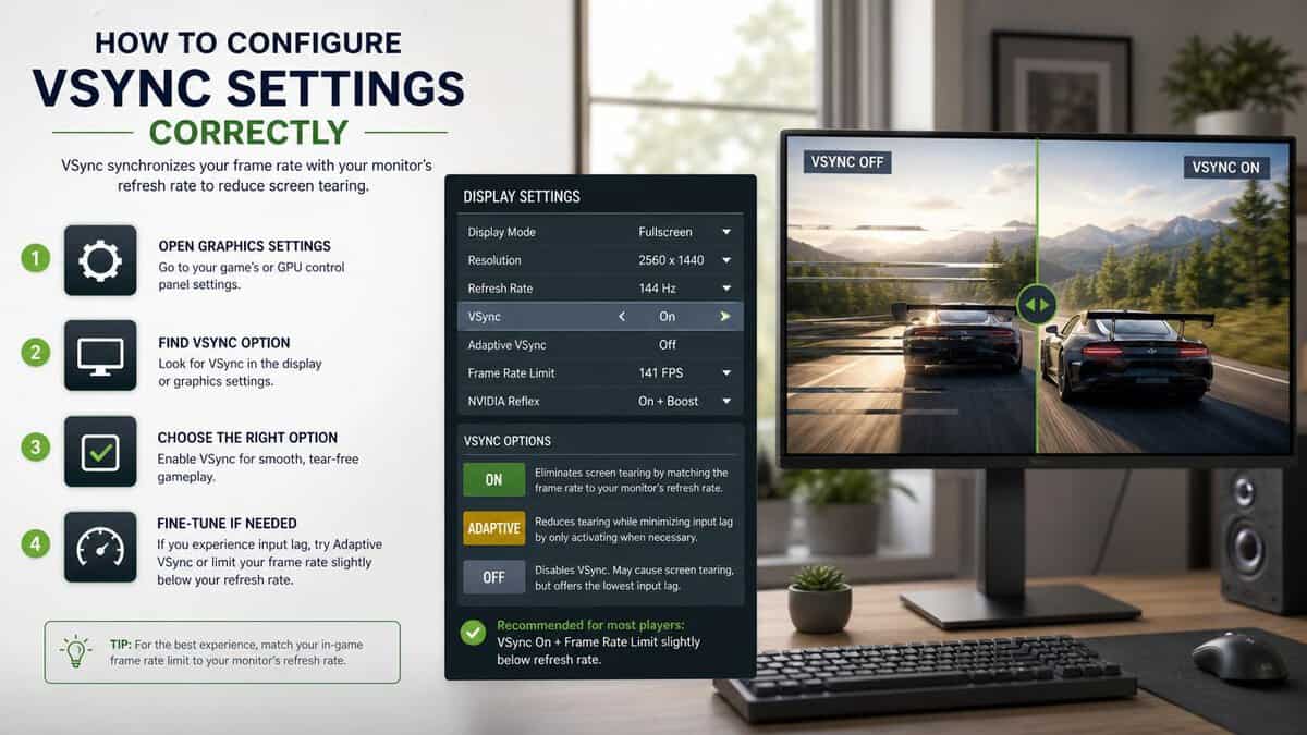 Infographic titled How to Configure VSync Settings Correctly with numbered setup steps and a VSync off versus on game comparison, a visual guide to what is VSync