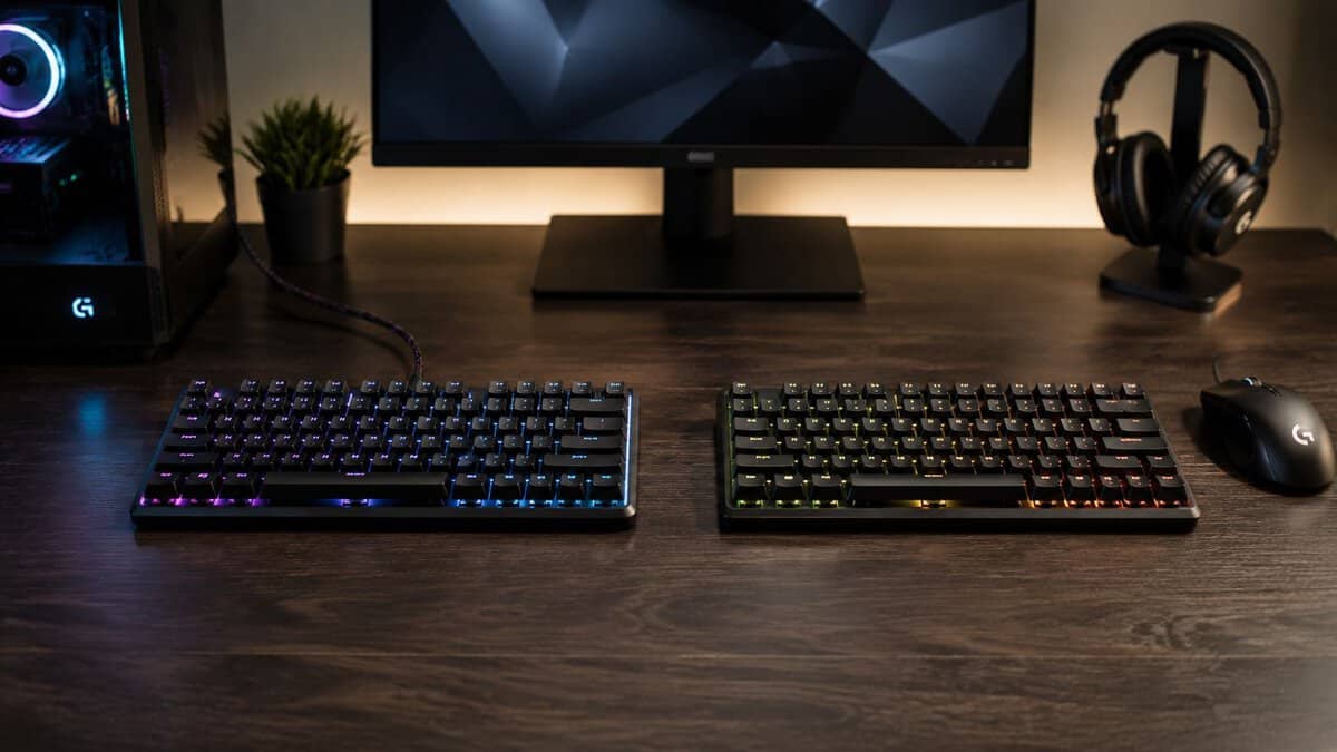 A wired vs wireless keyboard comparison on a gaming desk, two RGB mechanical keyboards side by side with a monitor, headset, and mouse