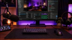 Compact 40% keyboard on a streamer's desk beside a boom mic, stream deck, and a monitor running streaming software
