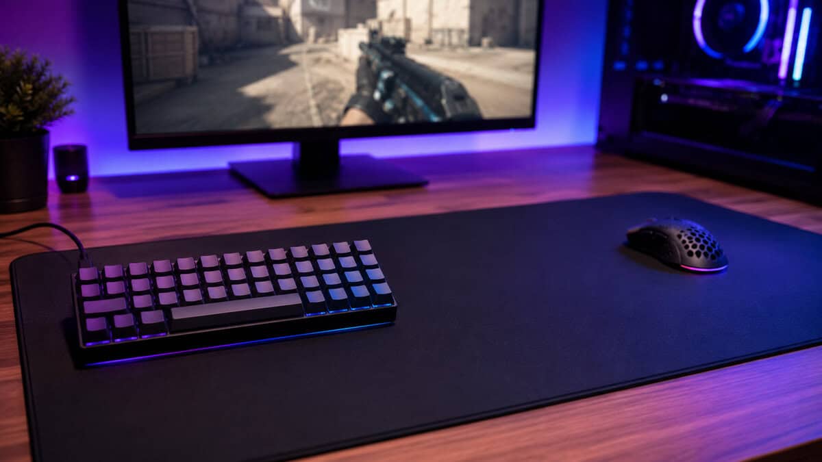 Compact 40% keyboard and a lightweight gaming mouse on a desk mat, with an FPS game on the monitor