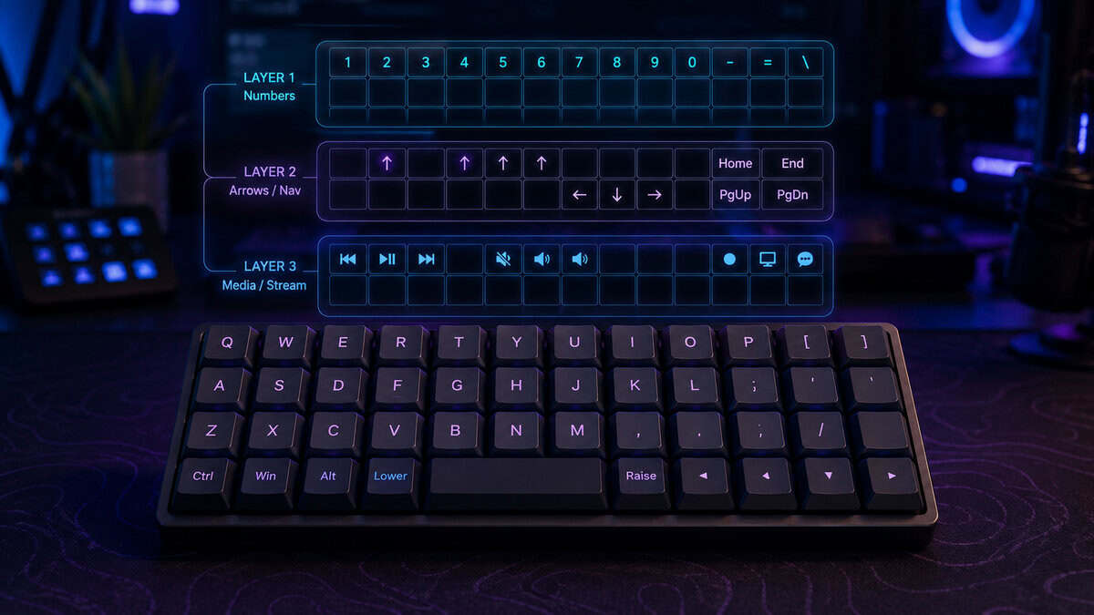 A 40% keyboard with a layer diagram showing numbers, arrows, and media keys mapped to hold-layers above the four-row base