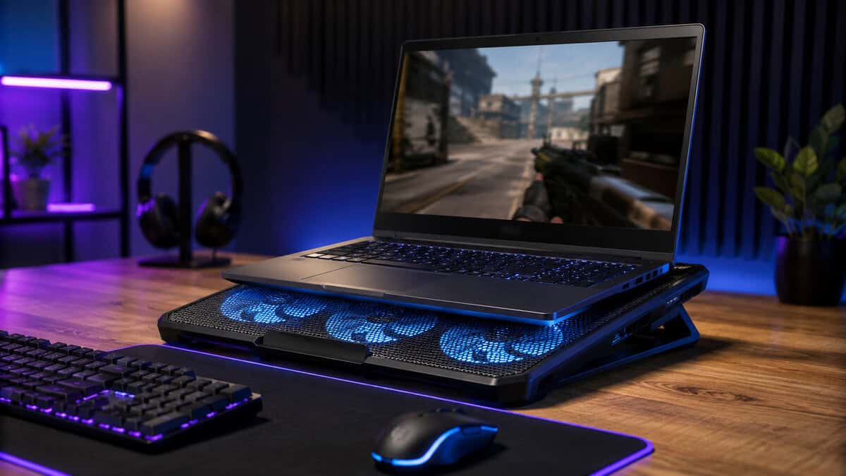 Gaming laptop running a shooter while sitting on a mesh cooling pad with six glowing blue fans, a typical best laptop cooling pad arrangement on a wood desk with RGB room lighting
