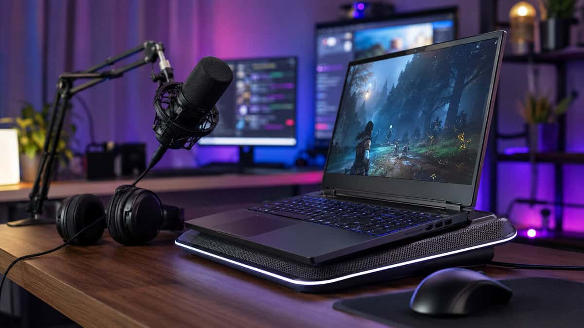 Streaming desk with a boom microphone and headphones beside a gaming laptop on a slim edge-lit pad, a comfort-focused way to use the best laptop cooling pad