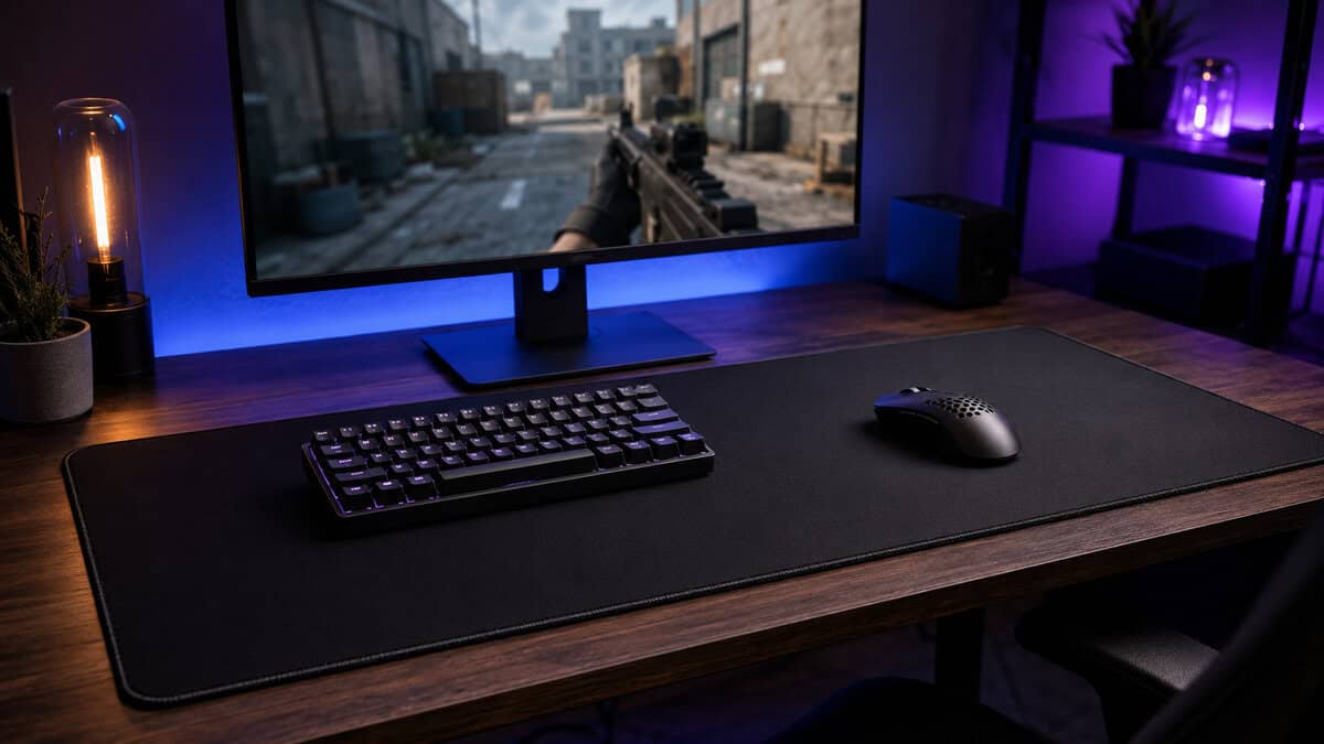 Compact keyboard and lightweight mouse on a large stitched desk mat in a purple-lit room during an FPS session, the kind of surface the best desk mat provides for low-sens aim
