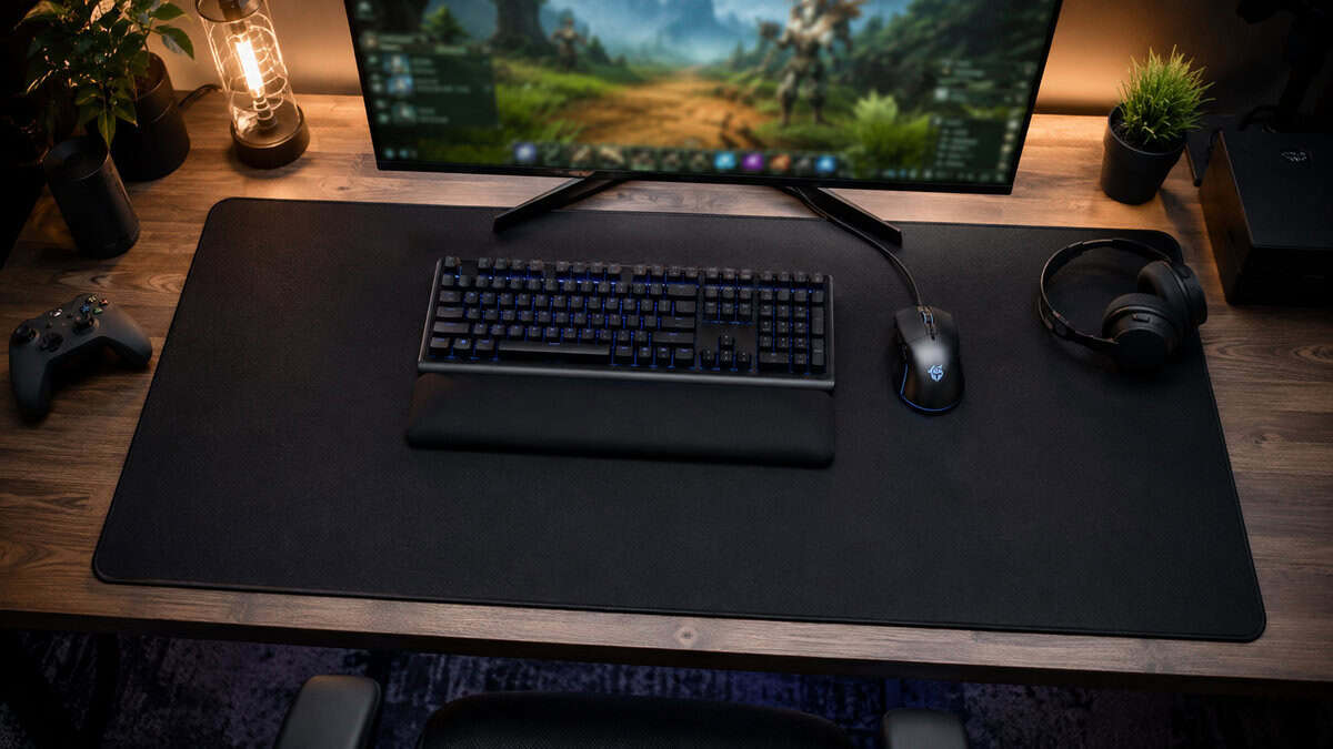 Top-down view of a gaming battlestation with monitor, keyboard, mouse, headset, and controller all sitting on one extended mat, showing how the best desk mat ties a desk together