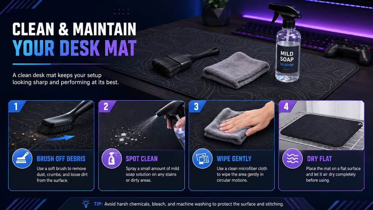 Four-step infographic on cleaning a desk mat with a soft brush, mild soap, microfiber wipe, and flat air drying to keep the best desk mat performing like new