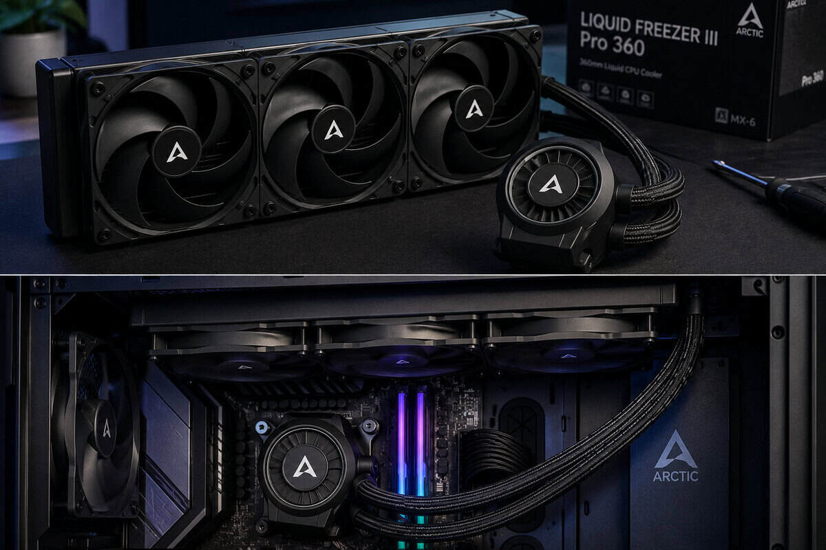 Arctic Liquid Freezer III Pro 360 shown with its retail box and installed in a dark case, the top value choice in our best AIO cooler guide