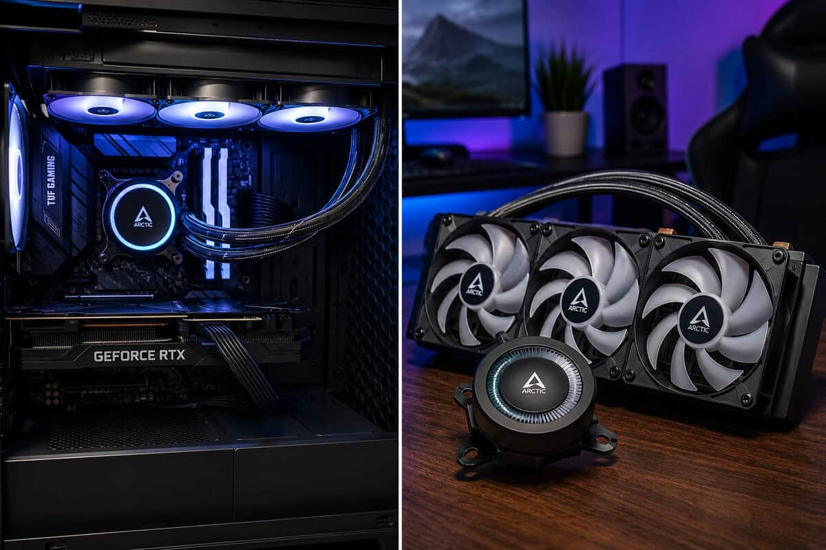 Arctic liquid cooler installed in a TUF Gaming build next to its triple-fan radiator and pump on a desk, the value pick in this best AIO cooler roundup