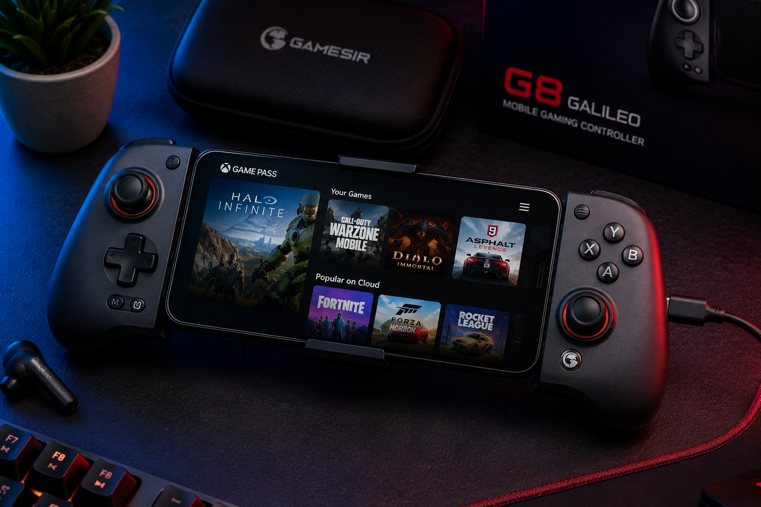 GameSir G8 Galileo, our best phone controller value pick, docked to a phone showing the Xbox Game Pass library on an RGB gaming desk
