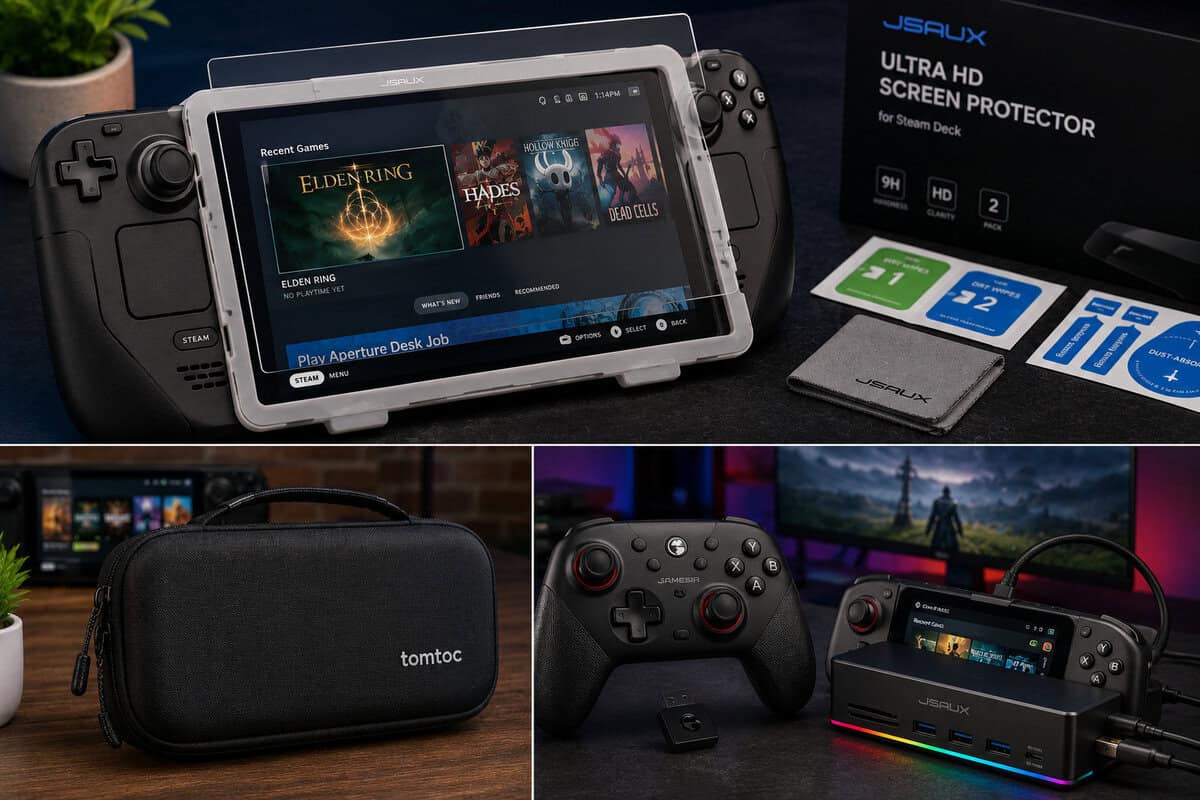 JSAUX Ultra HD screen protector guide-frame install on a Steam Deck, alongside the tomtoc slim case and GameSir controller from our best Steam Deck accessories picks