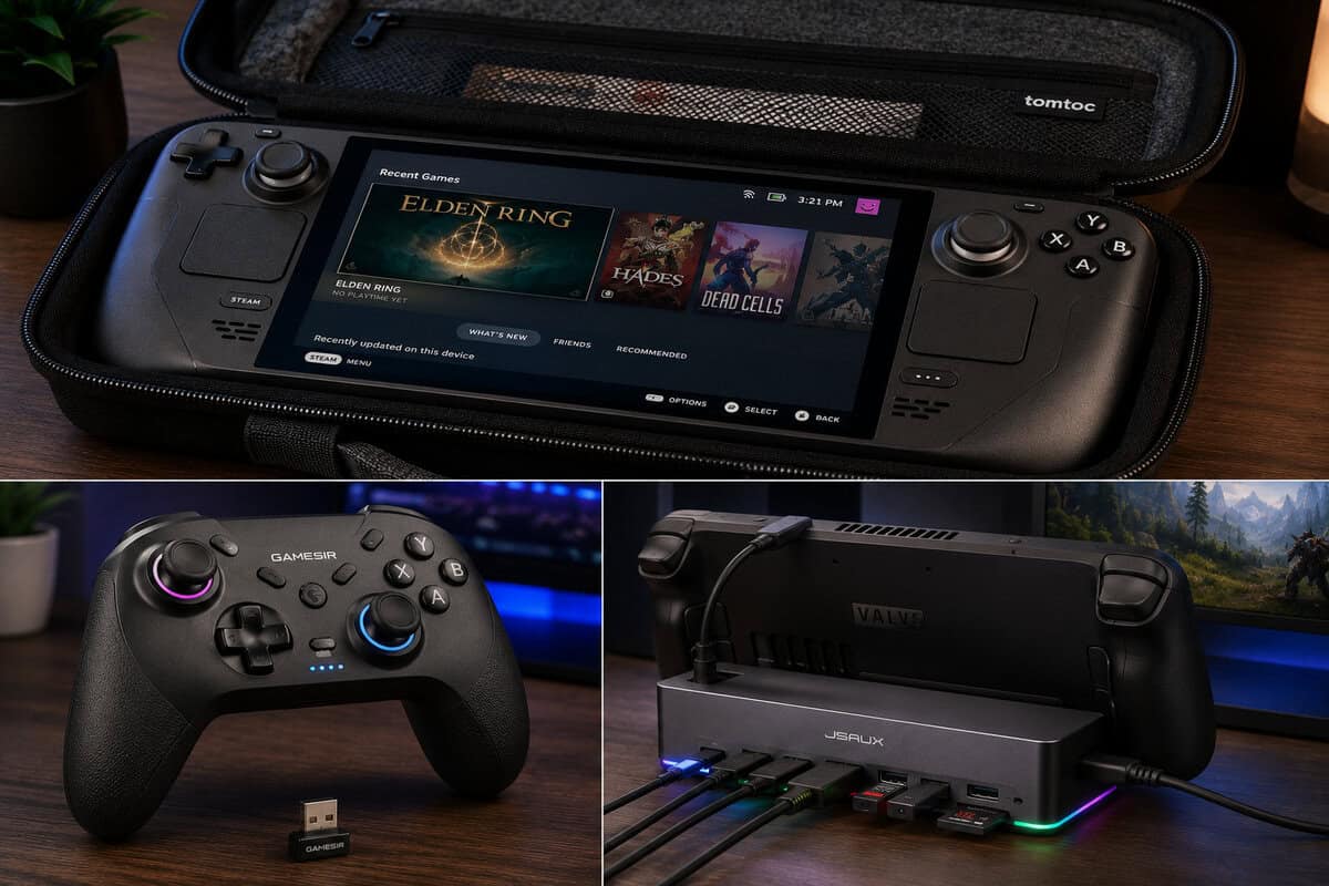 Three of the best Steam Deck accessories in use: the Deck inside the tomtoc hard shell case, the GameSir Nova Lite 2 with its wireless dongle, and the Deck mounted in the JSAUX RGB dock