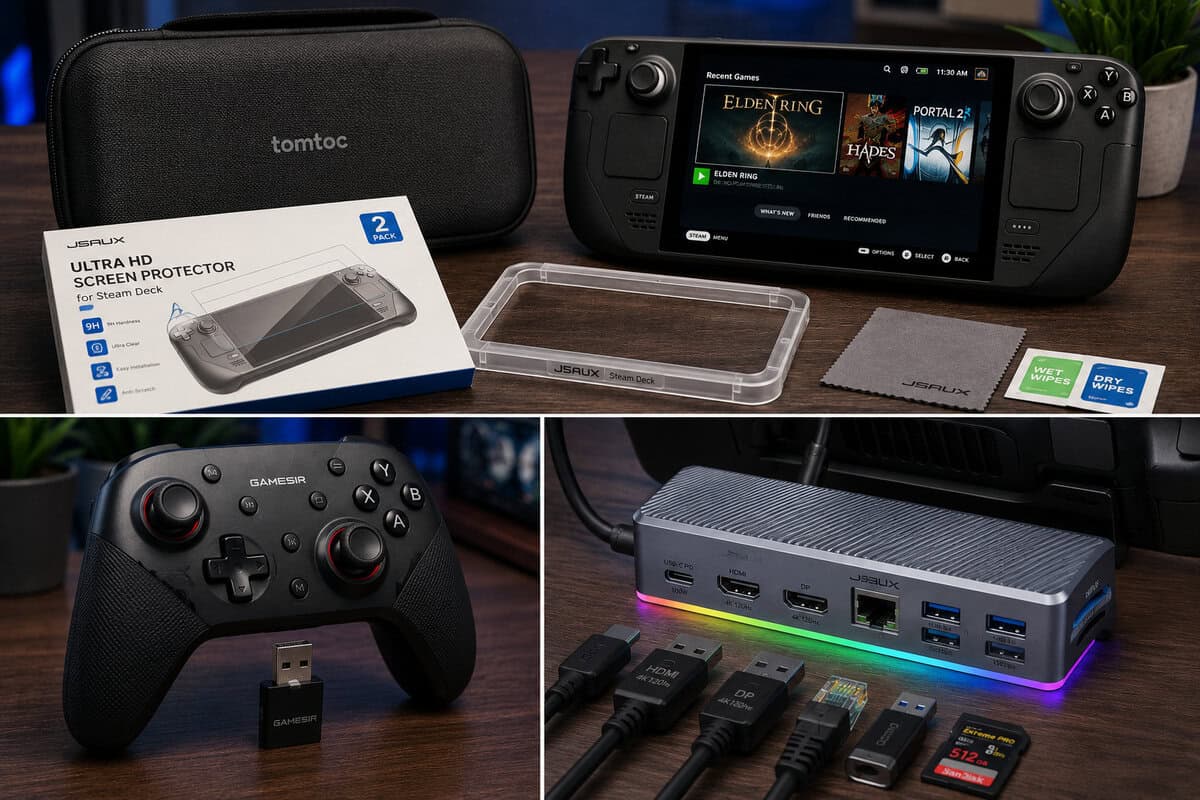 Collage of the best Steam Deck accessories in this guide: tomtoc case and JSAUX screen protector beside the Deck, GameSir controller with 2.4G dongle, and the JSAUX RGB dock