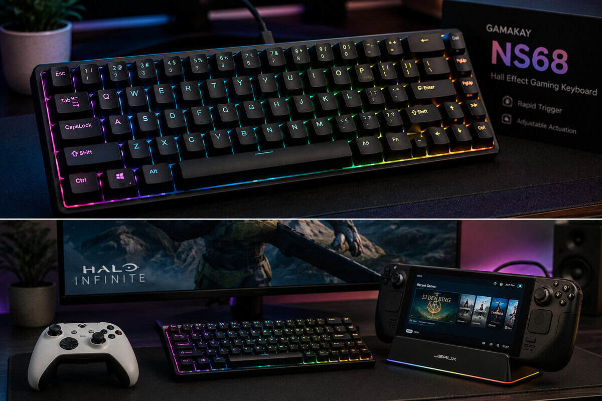 Gamakay NS68, the value pick in our best hall effect keyboard guide, shown with its retail box and on a desk beside an Xbox controller and docked Steam Deck