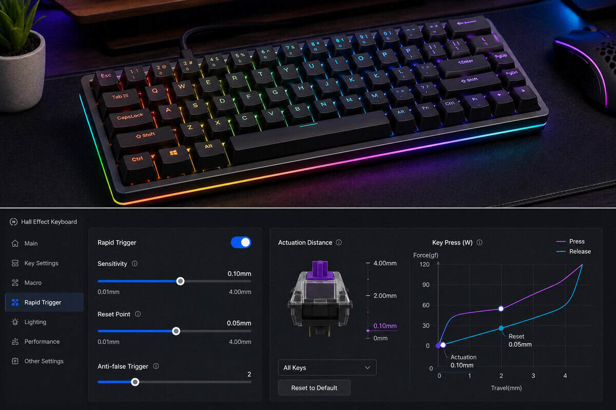 RGB hall effect board above its companion software, showing the rapid trigger sensitivity and actuation tuning that define the best hall effect keyboard experience