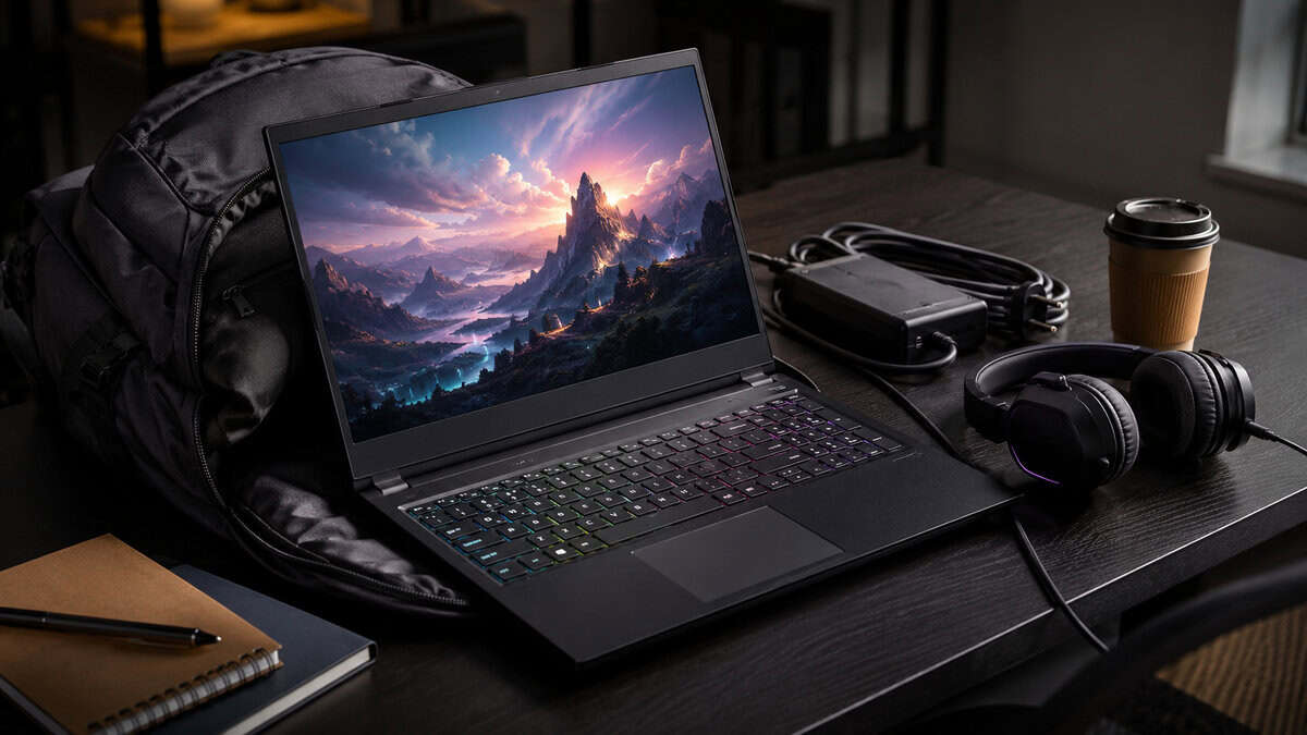 Gaming laptop next to a backpack, headphones, and charger on a dark desk, a portable setup built around the best gaming laptop under 2000.