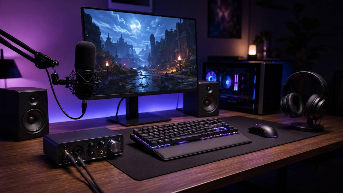 Gaming desk with an XLR microphone on a boom arm, studio speakers, and a compact best budget audio interface wired in beside the keyboard under purple lighting.