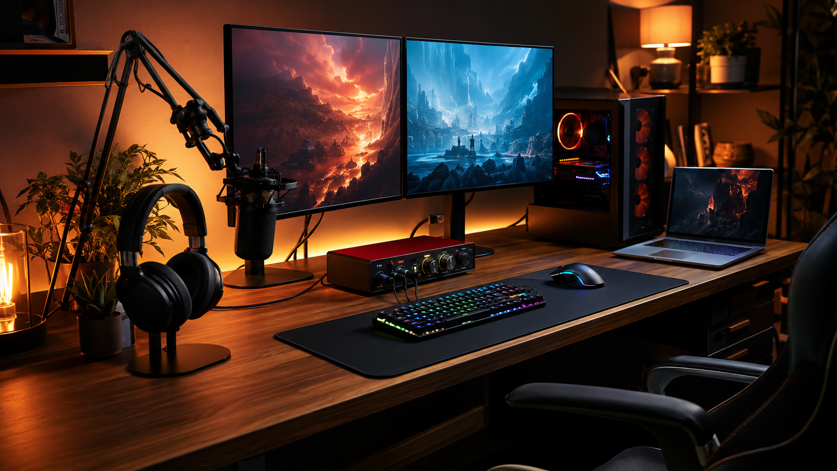 Warm dual-monitor streaming battlestation built around a red best budget audio interface, with a boom-arm mic, RGB keyboard, and headphones on a stand.