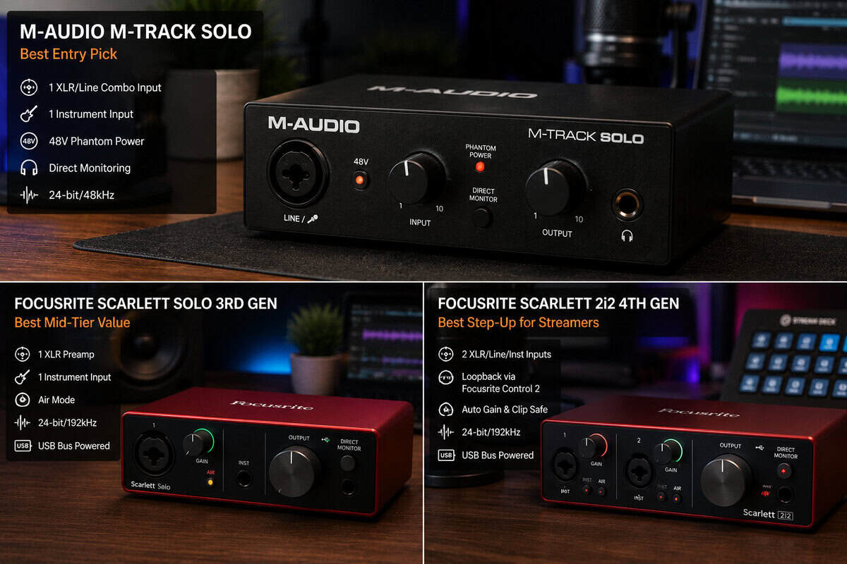 Collage of the three best budget audio interface picks: the M-Audio M-Track Solo, Focusrite Scarlett Solo 3rd Gen, and Scarlett 2i2 4th Gen with key specs.