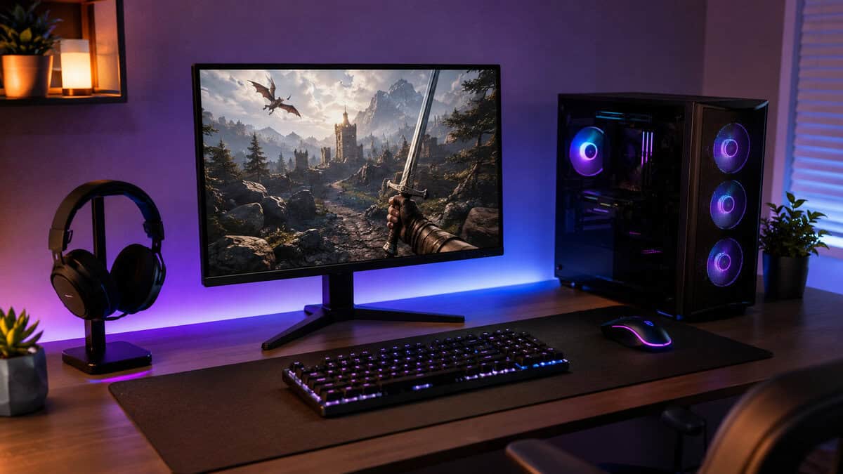 Fantasy RPG scene on the best 24 inch gaming monitor beside a triple-fan RGB PC tower and a headset stand in a purple-lit gaming corner.