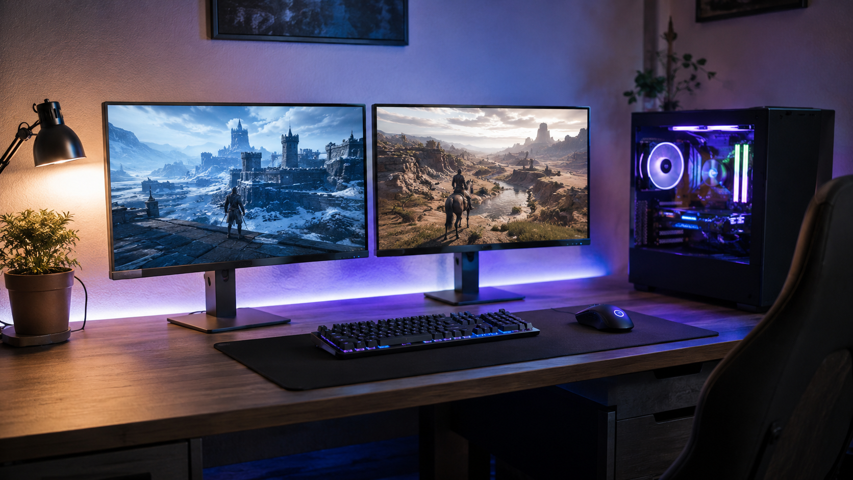 Dual-screen wood desk with a warm lamp and RGB tower, showing how the best 24 inch gaming monitor slots into a two-monitor battlestation.