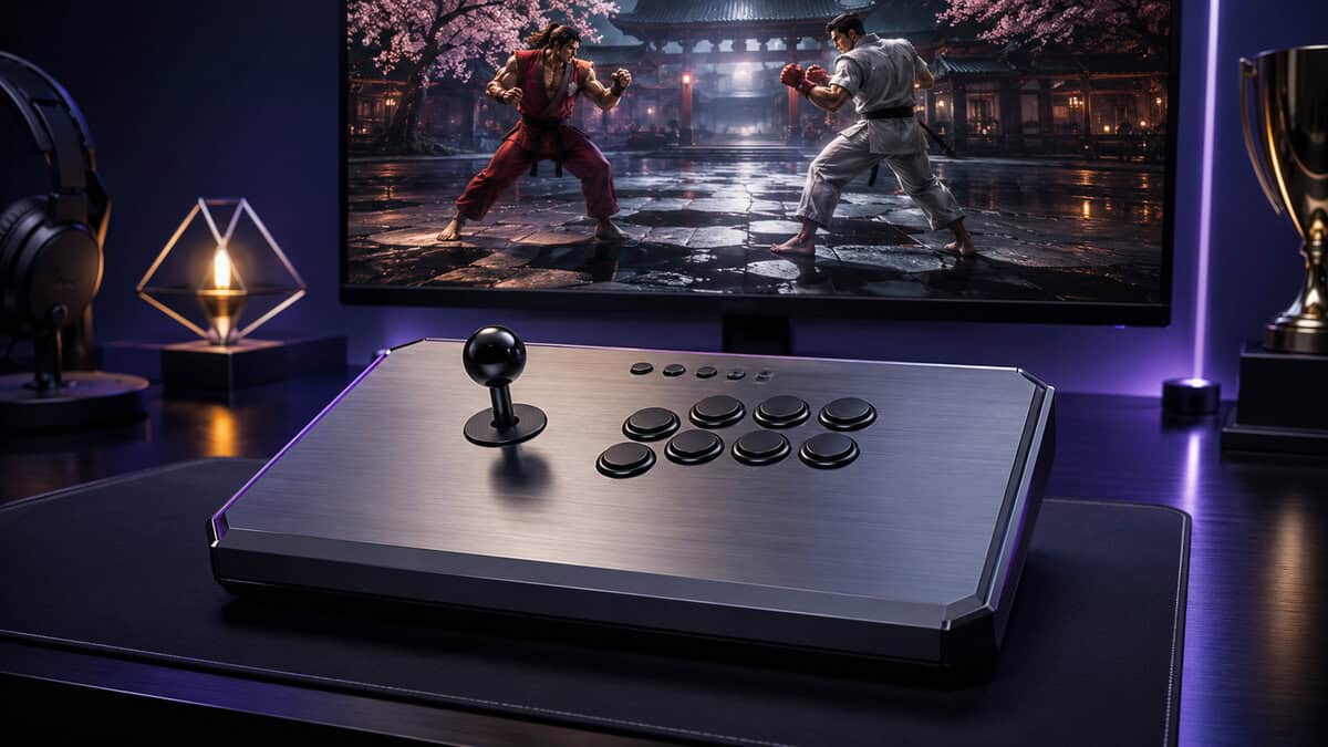 Brushed aluminum fight stick on a dark desk mat beside a tournament trophy, the premium end of the best fight stick ladder.
