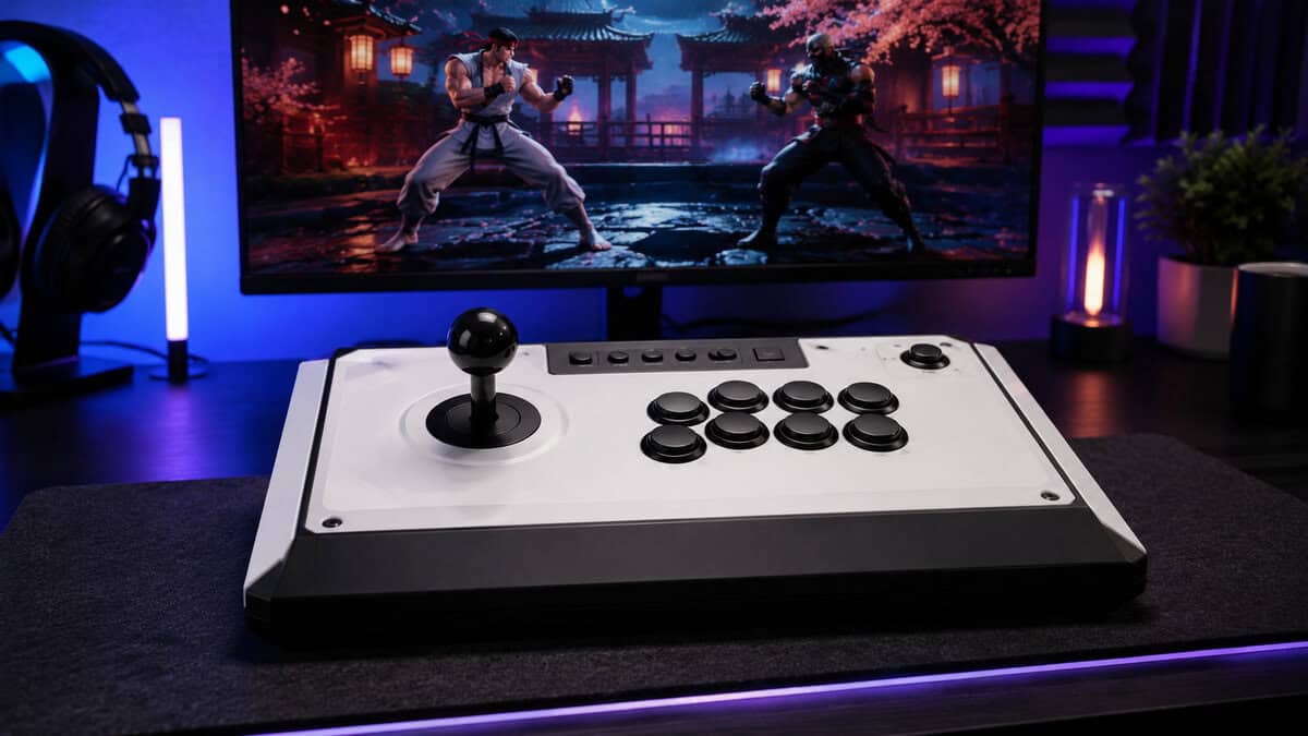 White-panel fight stick with a black lever and buttons in front of a dojo fighting game match, the mid-tier territory of the best fight stick lineup.