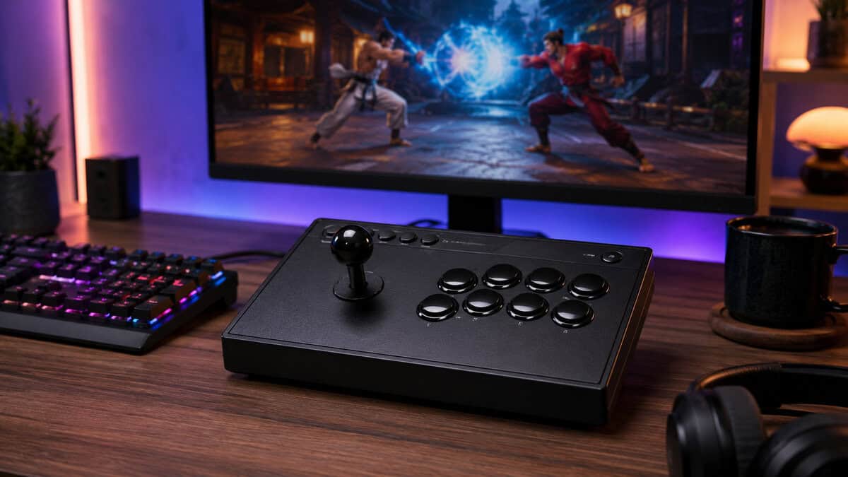 Black arcade fight stick with a ball-top lever and eight-button layout on a wooden desk, the classic starting point in any best fight stick search.