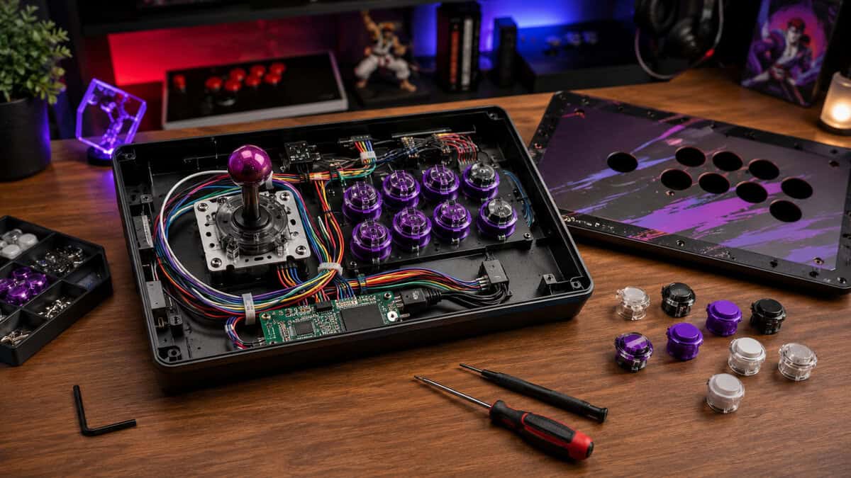 Opened fight stick showing its wiring, PCB, and purple swap-in buttons beside tools and a spare faceplate, the repairability that makes the best fight stick a long-term buy.
