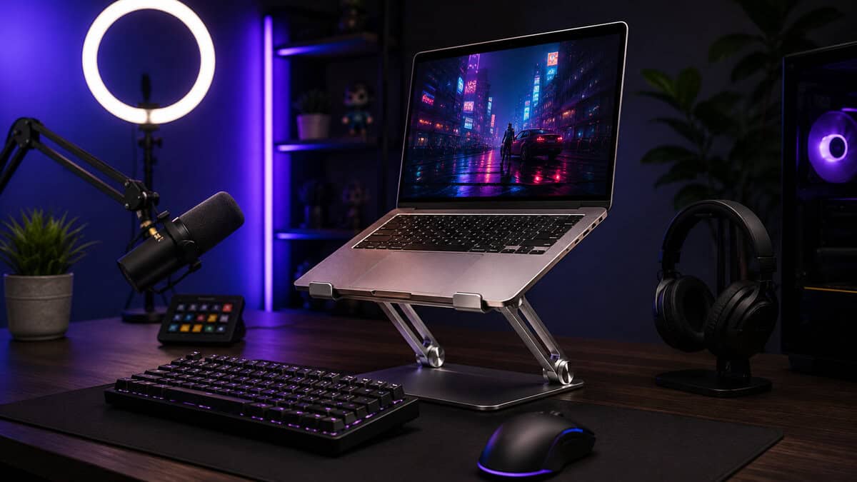 Streaming corner with a ring light and dynamic mic where a folding stand holds the laptop at eye level, the adjustable style many pick as the best laptop stand