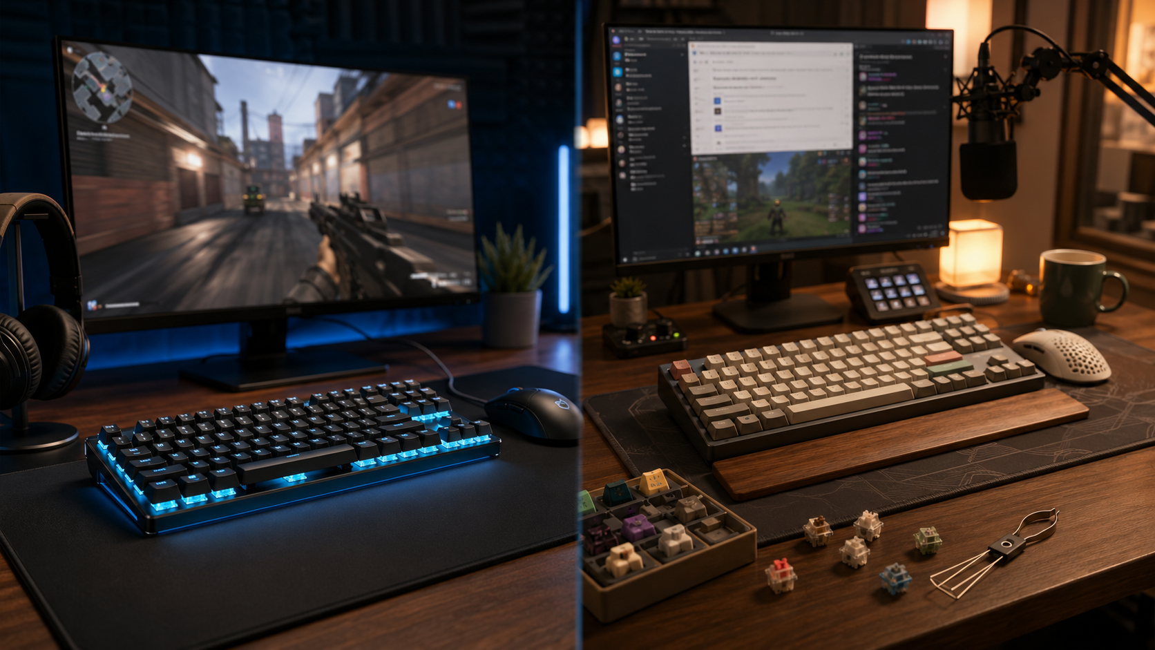 Split desk scene with a blue-lit FPS board on one side and a cream typing setup with loose switches on the other, the hall effect vs mechanical keyboard choice in practice