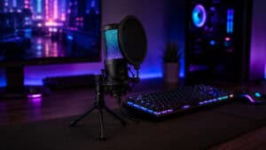 RGB condenser microphone with pop filter on a tripod beside a TKL keyboard, the entry-kit shape of the best budget streaming mic tier