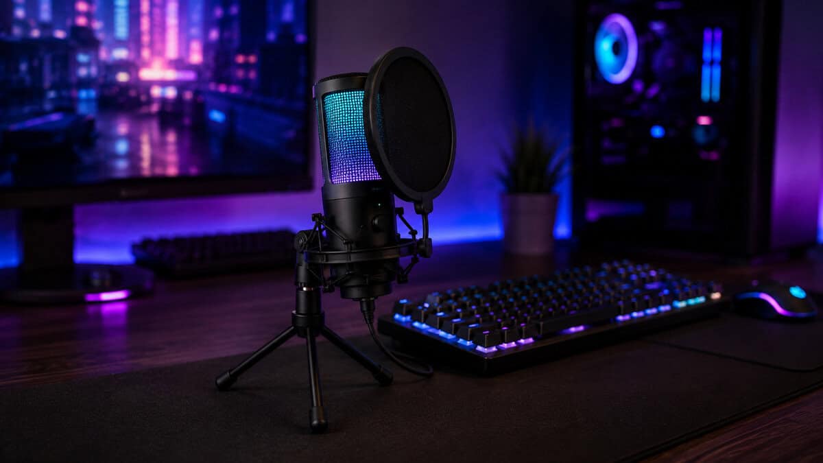 RGB condenser microphone with pop filter on a tripod beside a TKL keyboard, the entry-kit shape of the best budget streaming mic tier