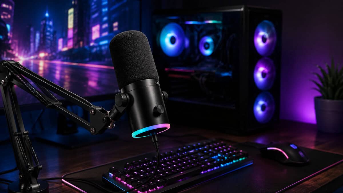 Dynamic mic with a foam windscreen hanging from a boom arm over an RGB keyboard, how the best budget streaming mic sits on a gaming desk