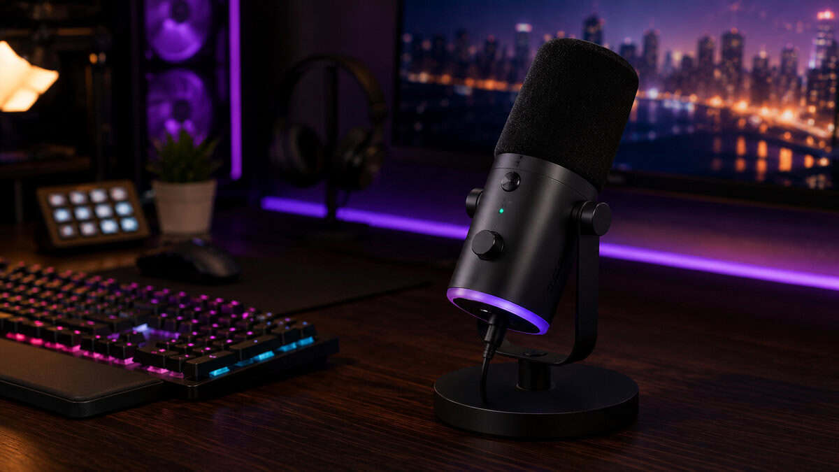 Foam-topped dynamic microphone with an LED base ring on a desktop stand next to a stream deck, a step-up take on the best budget streaming mic
