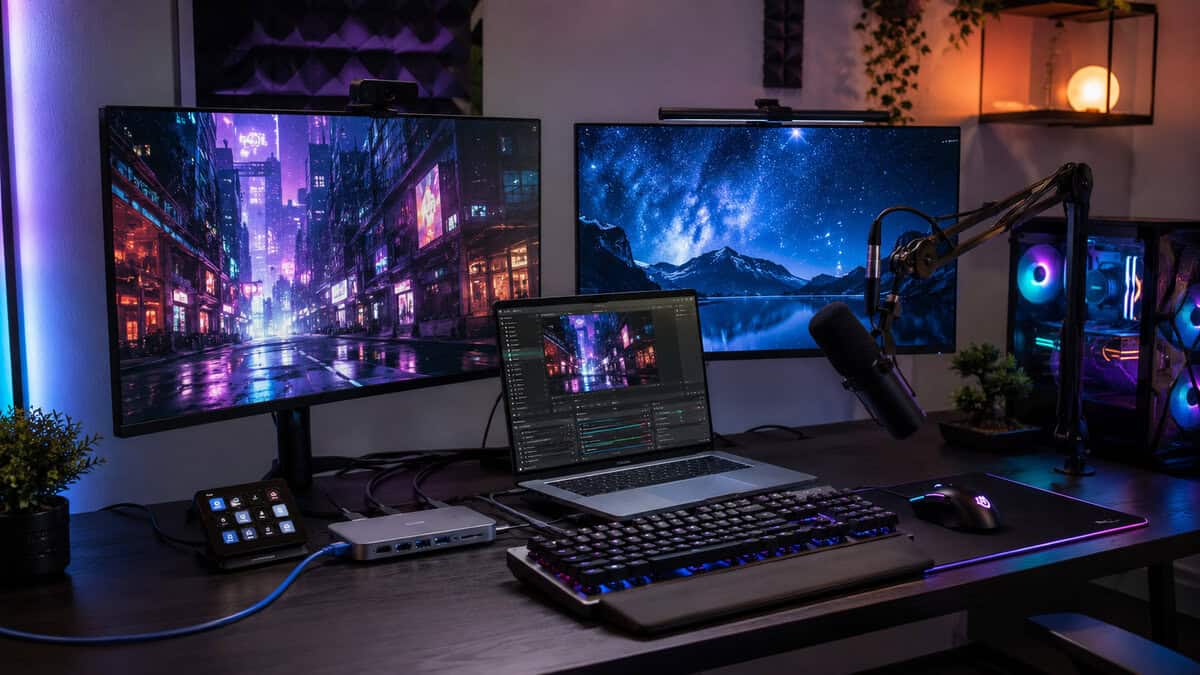 Dual-monitor streaming battlestation running through a laptop dock, the full-desk job the best usb c hub has to hold together