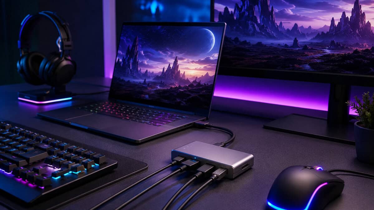 Silver hub feeding a gaming laptop beside an RGB keyboard and mouse, the best usb c hub carrying the peripherals on one cable
