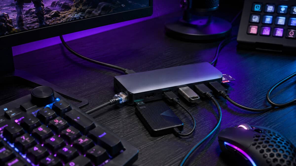 Close-up of an aluminum hub loaded with Ethernet, HDMI, a flash drive, and a portable SSD, every port the best usb c hub juggles at once