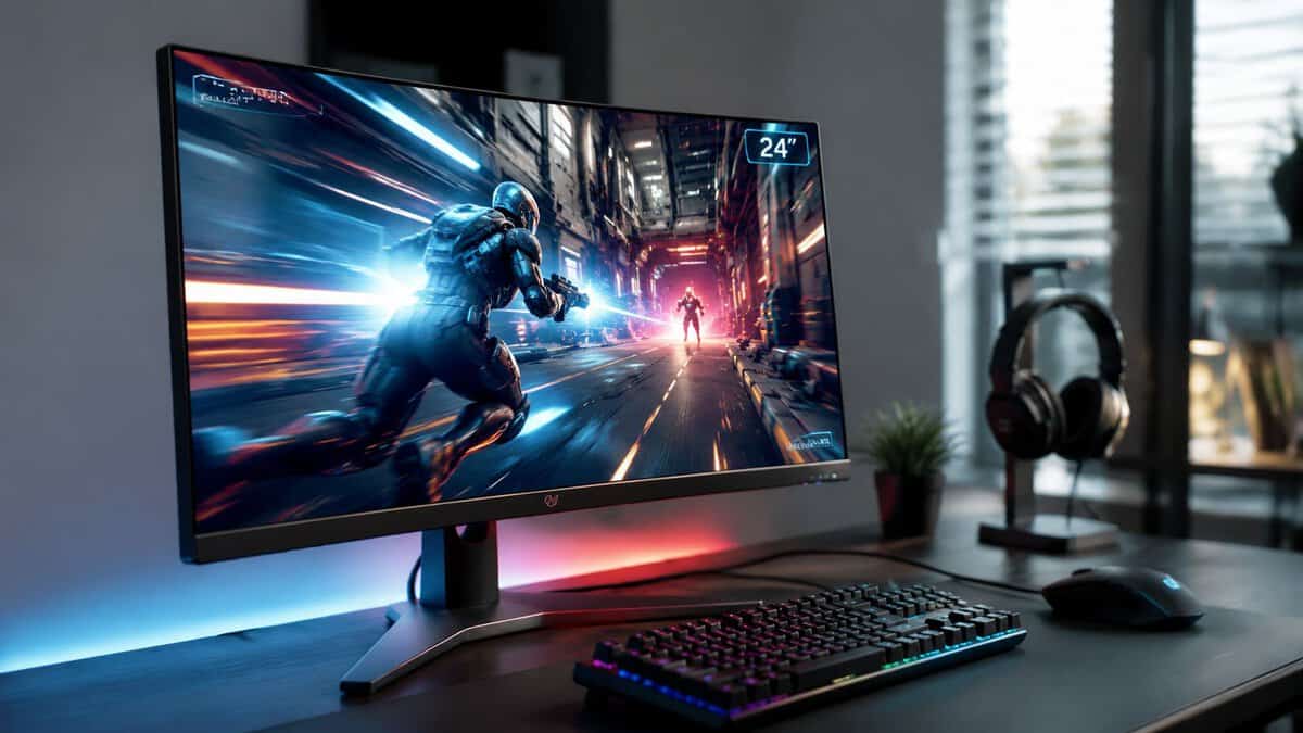Fast-paced shooter running on the best 24 inch gaming monitor in a desk setup with an RGB keyboard, gaming mouse, and headset stand under blue underglow.