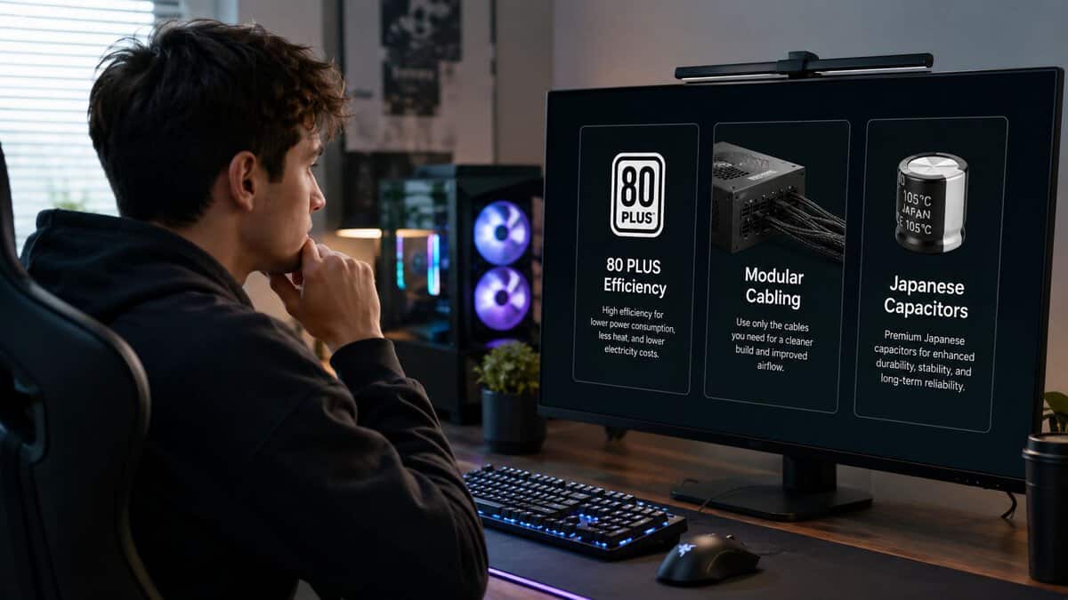 A gaming PC using the best 750W PSU beside a monitor running a game