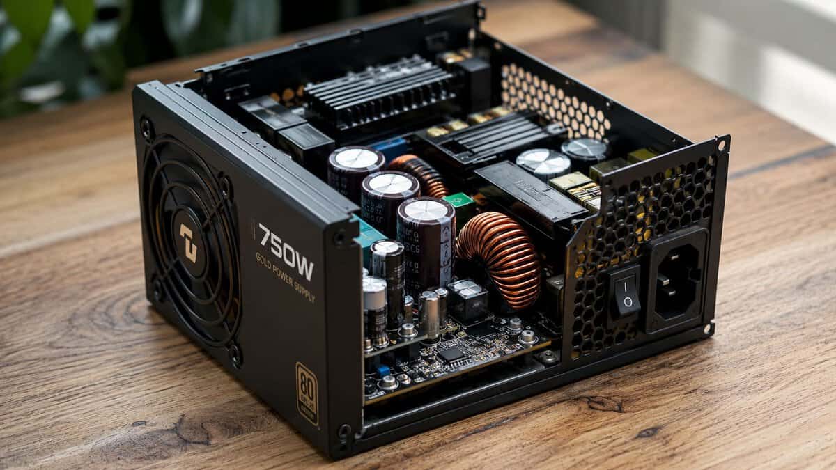 Close-up of the best 750W PSU highlighting its 80 Plus Gold rating and modular ports