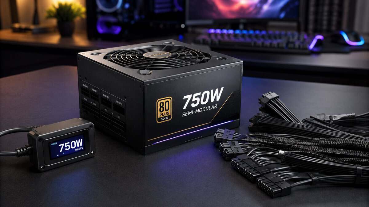 Best 750W PSU shown as a black fully modular ATX 3.1 unit on a desk