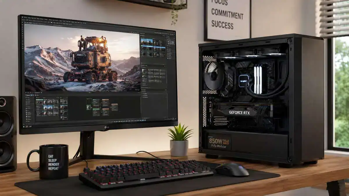 A gaming PC powered by the best 850W PSU next to a large monitor running a game